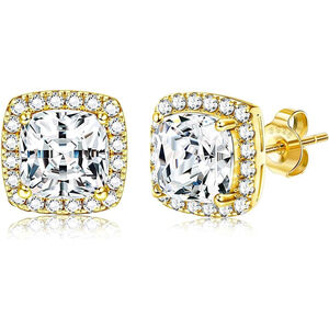 18K Gold Plated Stud Earrings with 925 Sterling Silver and Cubic Zirconia,Square